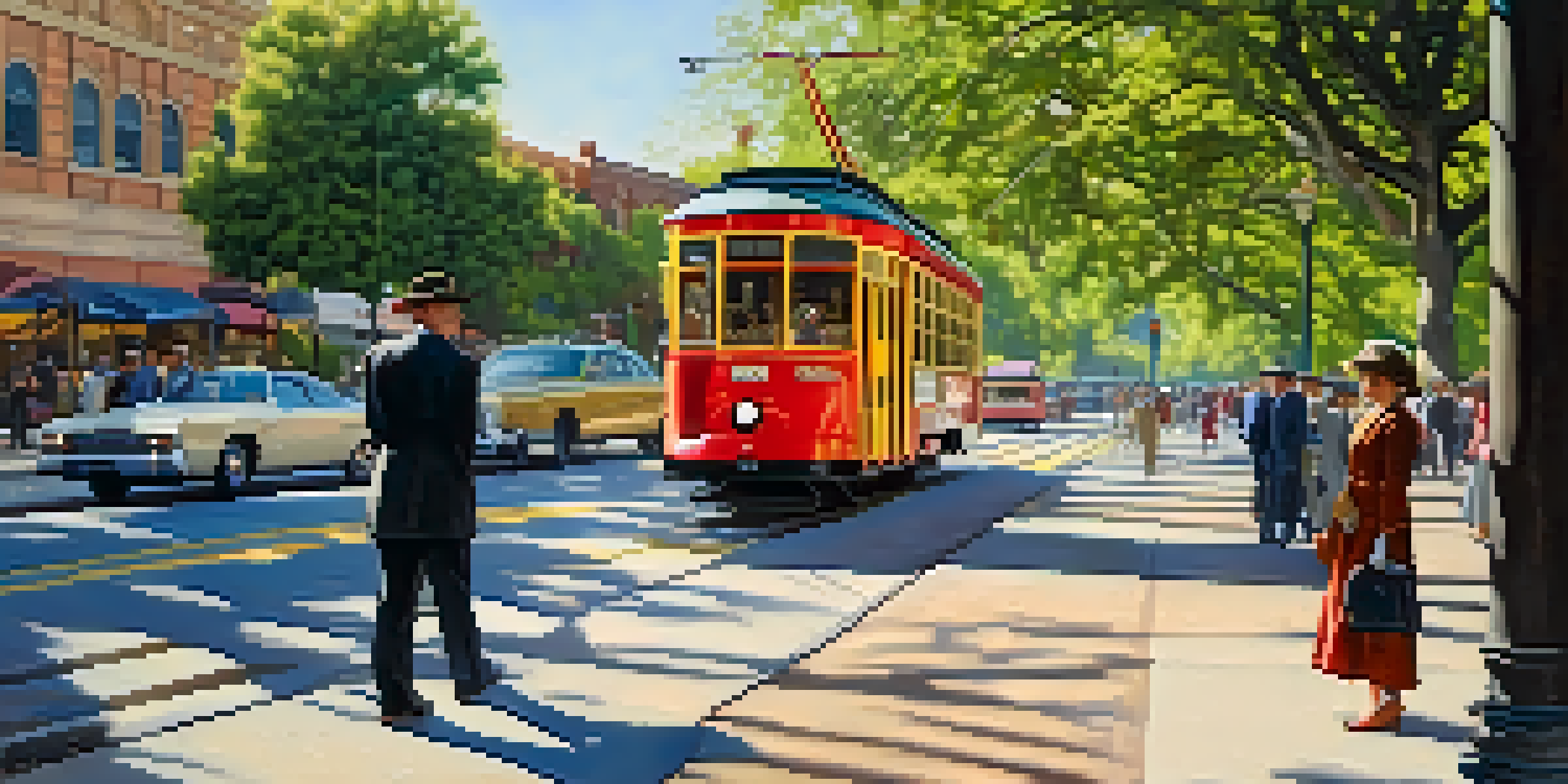 A historic street scene in Pasadena with a colorful streetcar and people in vintage clothing waiting at a stop, surrounded by trees and shops.