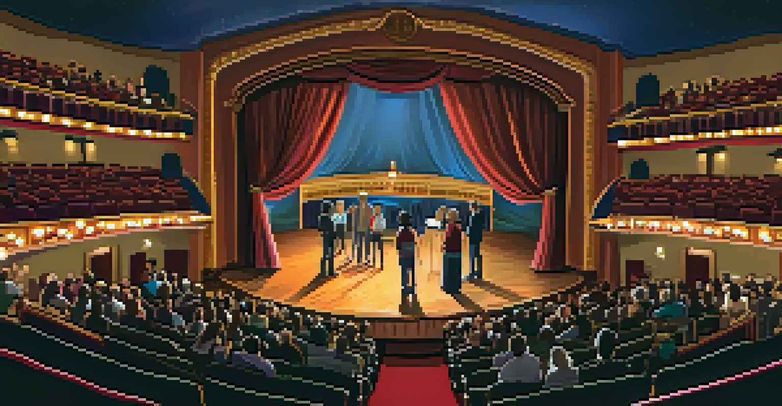 Actors rehearsing on stage at Pasadena Playhouse, with an audience in a beautifully lit theater, showcasing cultural engagement.