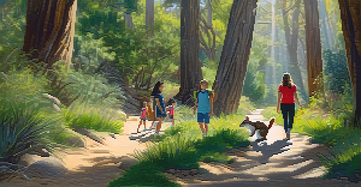 A family hiking on a nature trail, surrounded by greenery and observing wildlife.