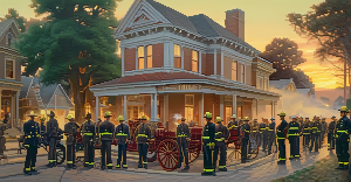 A group of early volunteer firefighters in Pasadena dressed in historical clothing, using hand-drawn firefighting equipment in a quaint town setting at sunset.