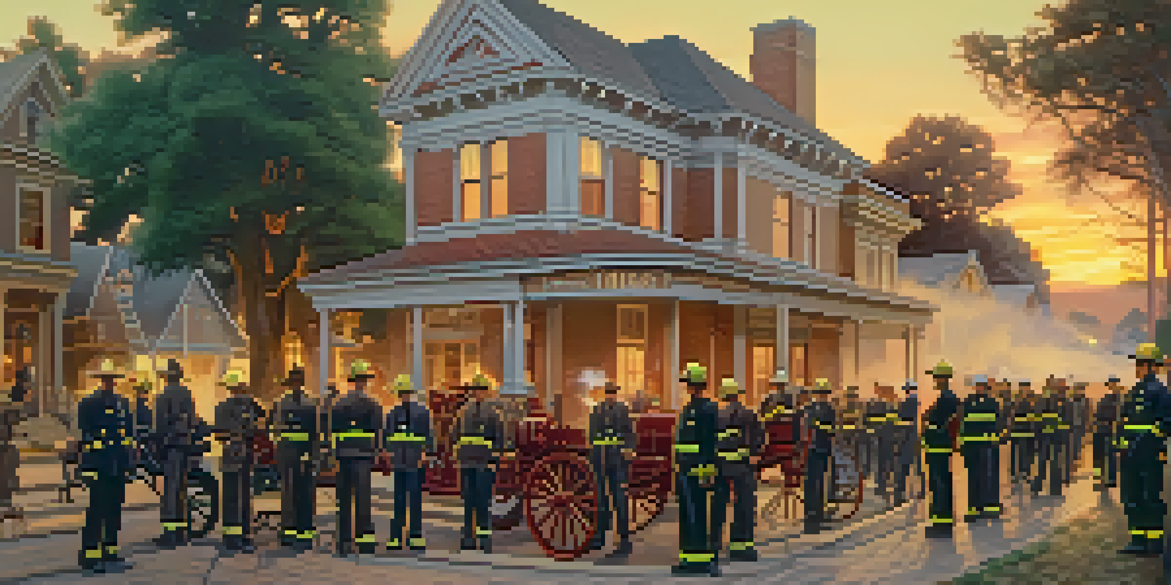 A group of early volunteer firefighters in Pasadena dressed in historical clothing, using hand-drawn firefighting equipment in a quaint town setting at sunset.