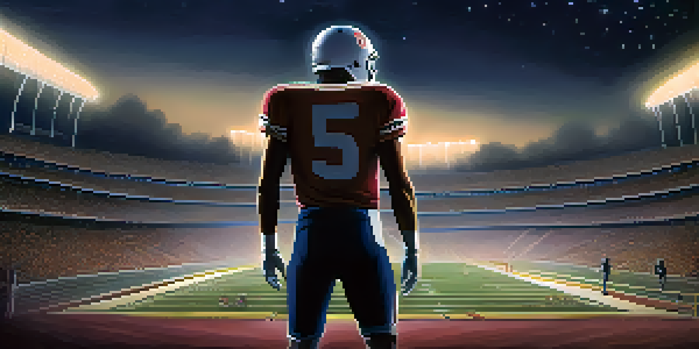 A night scene of the Rose Bowl stadium with a ghostly figure in vintage football gear standing near the sidelines, illuminated by soft lights.