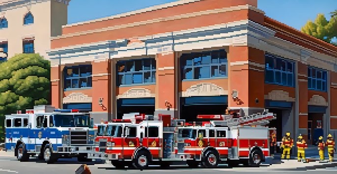 A busy fire station in Pasadena with firefighters, emergency vehicles, and community members participating in safety workshops.