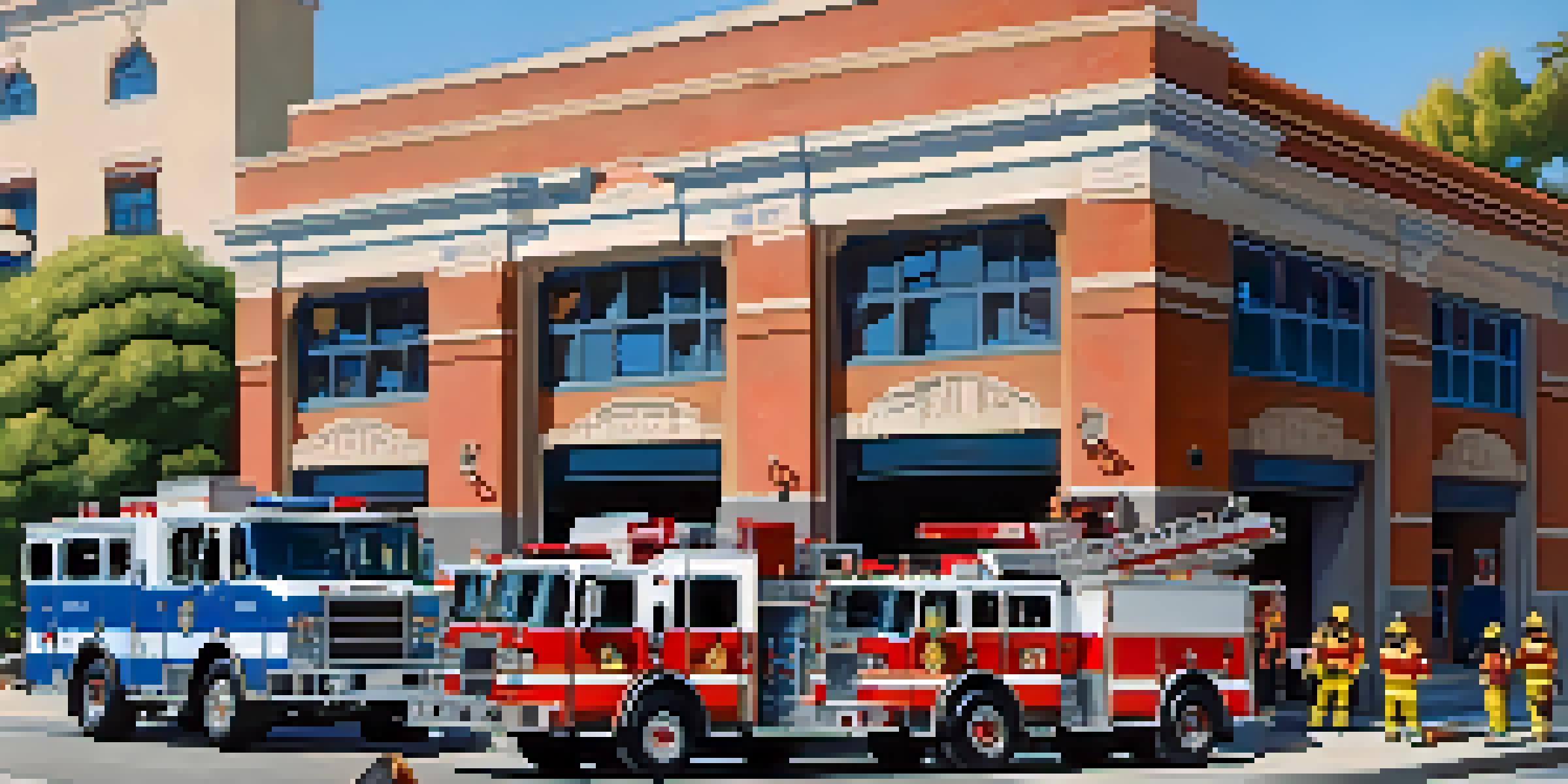 A busy fire station in Pasadena with firefighters, emergency vehicles, and community members participating in safety workshops.