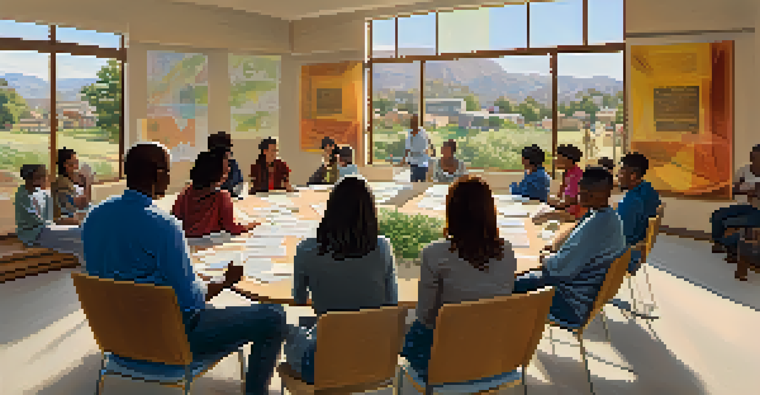 Residents participating in an educational workshop on civic engagement in Pasadena, with a facilitator and visual aids in a well-lit room.
