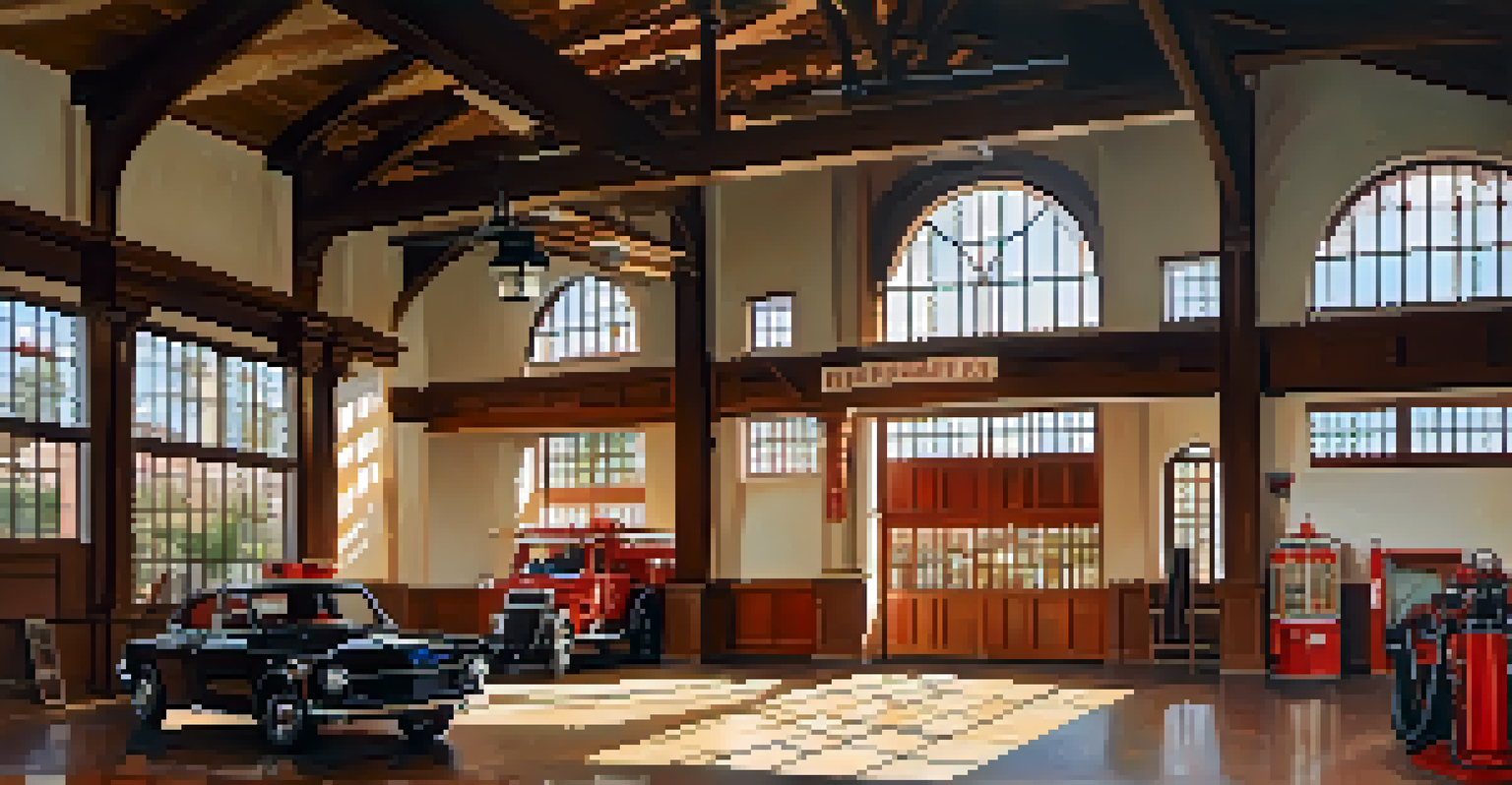The interior of a historic Pasadena fire station, featuring old firefighting equipment and wooden beams with sunlight streaming in.