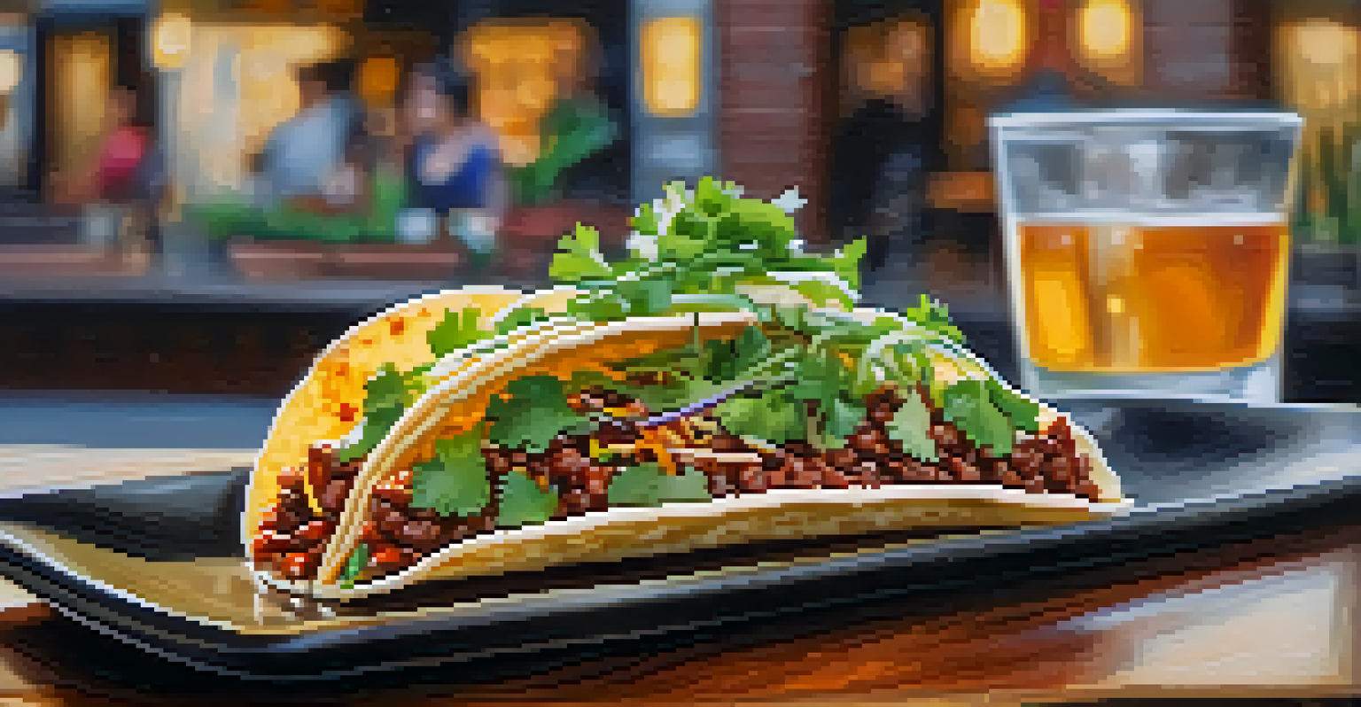 A Korean BBQ taco garnished with cilantro and lime on a rustic table, with a blurred Pasadena street in the background.