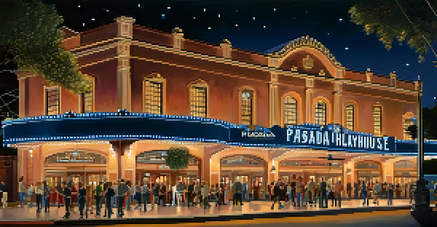 The historic Pasadena Playhouse illuminated at night, with a bright marquee and people gathered outside enjoying the festive atmosphere.
