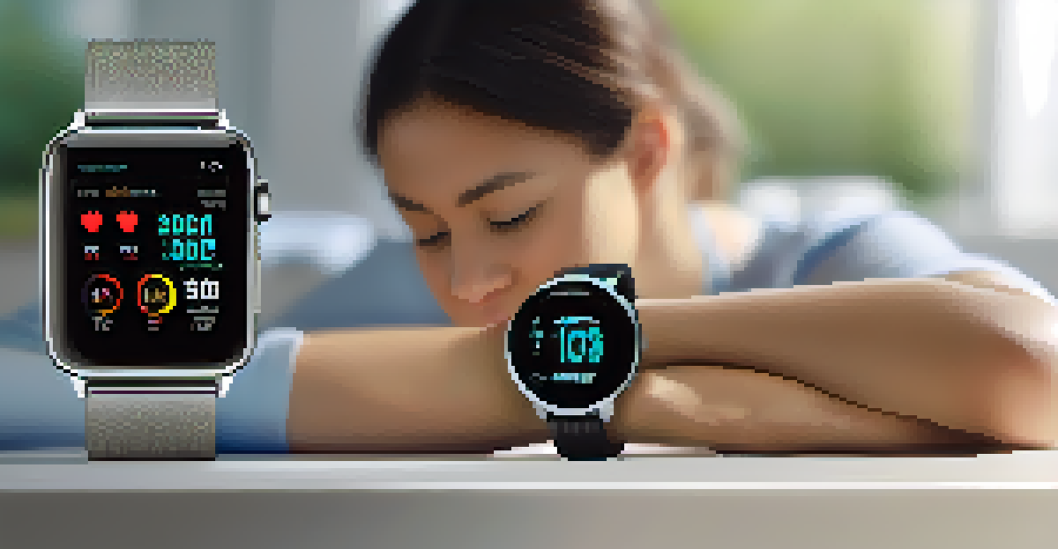 A close-up of a smartwatch on a wrist displaying health metrics against a blurred home office background.