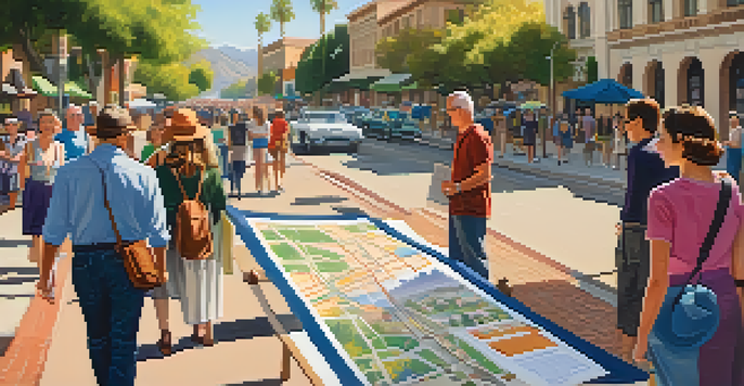 A diverse group of people on a walking tour in Pasadena, with historical buildings and colorful flowers around them.