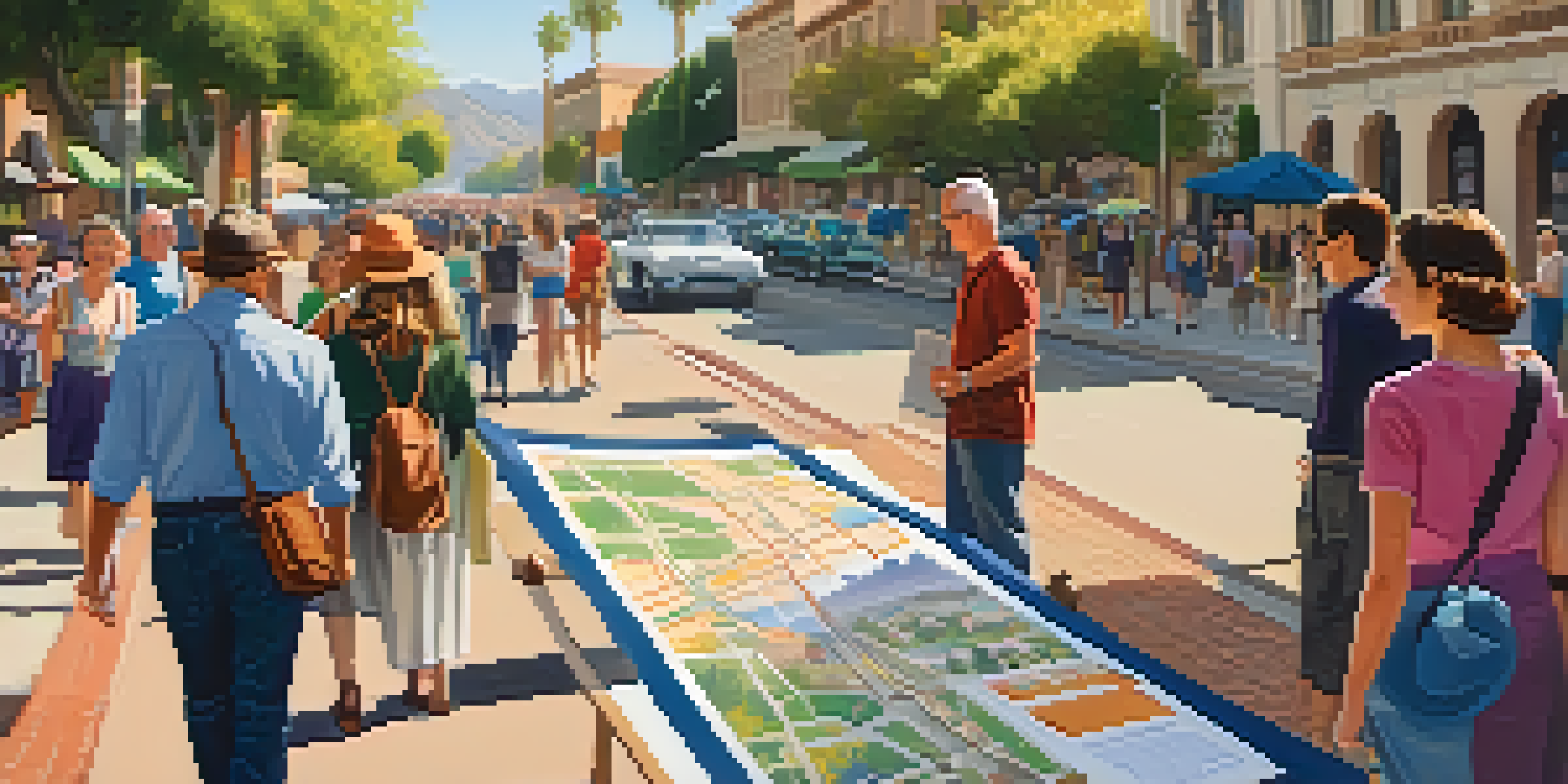 A diverse group of people on a walking tour in Pasadena, with historical buildings and colorful flowers around them.