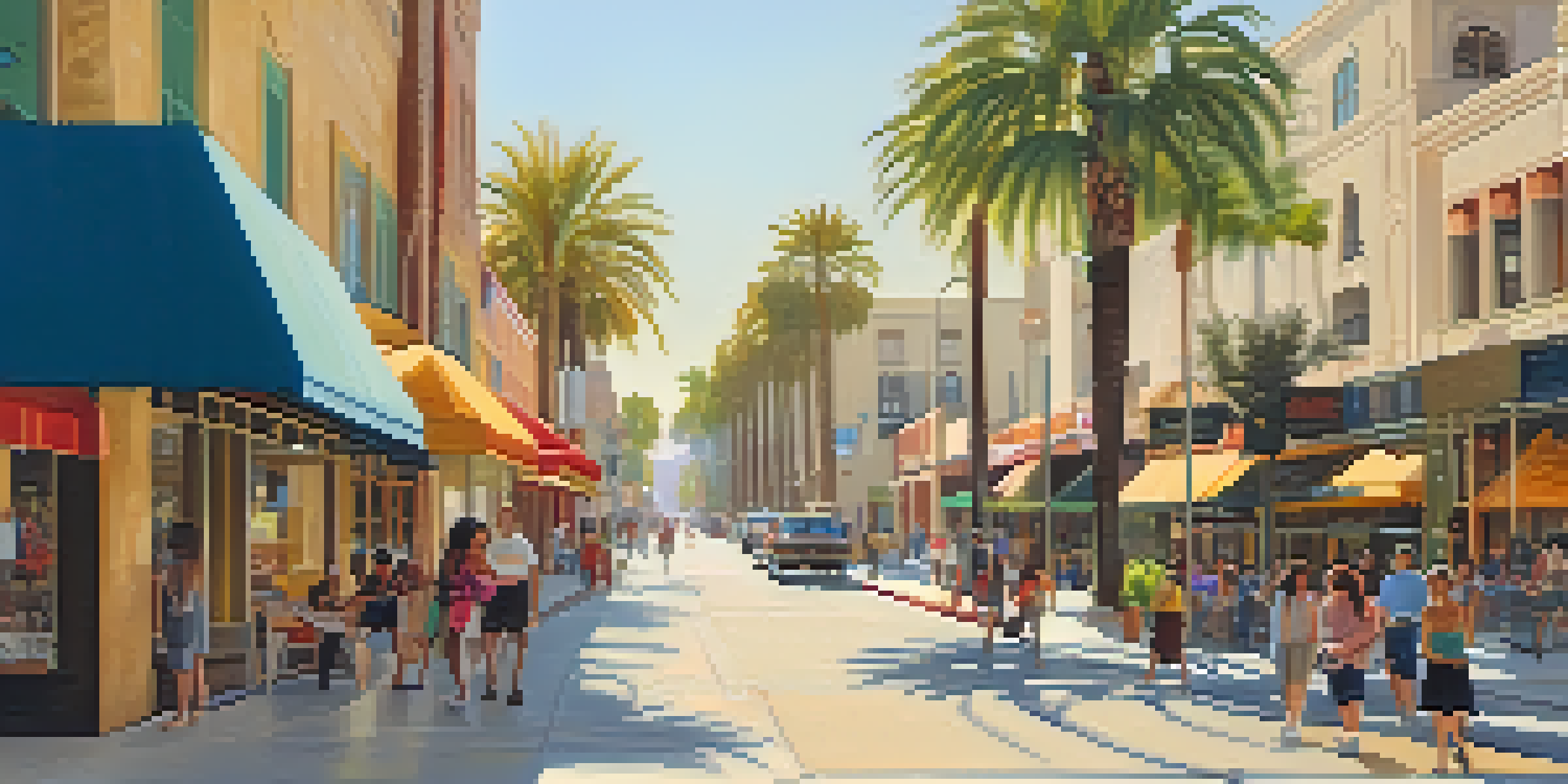 A lively street in Pasadena with palm trees, colorful shops, and people enjoying their day under the afternoon sun.