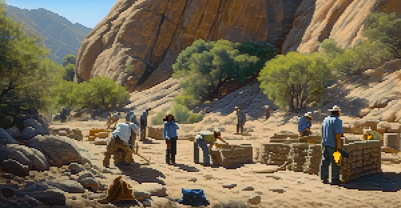 Researchers excavating ancient tools at a site with rocky hills and desert plants in the background.