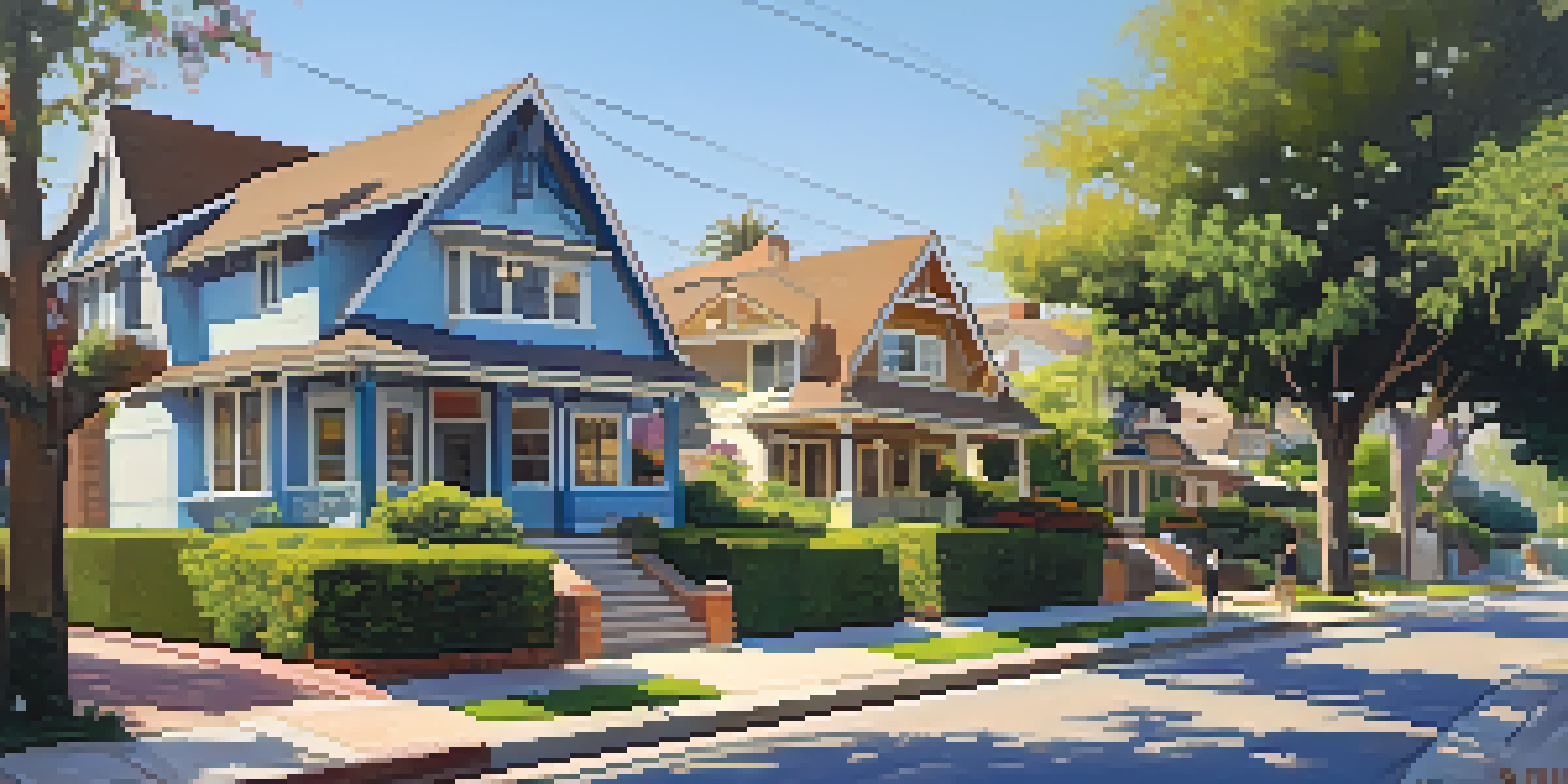 A sunny street in Pasadena with Craftsman-style homes and blooming flowers, featuring a couple walking hand-in-hand.