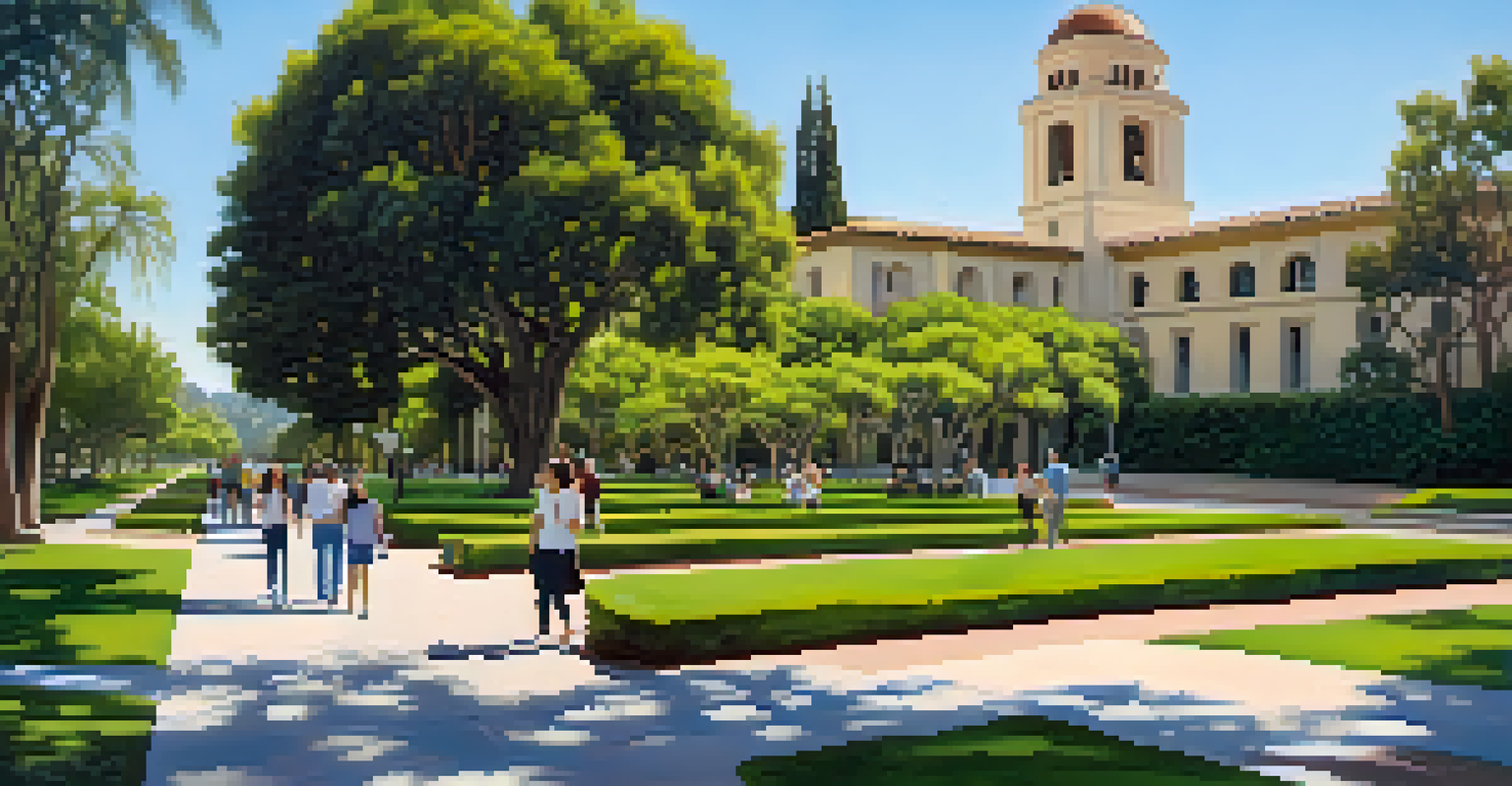 A beautiful view of Caltech's campus in Pasadena with students walking among greenery and iconic buildings under a bright blue sky, symbolizing innovation and education.