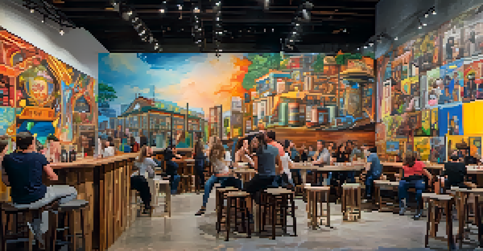 Artistic scene at Brewery X, with an art installation and patrons enjoying drinks in a colorful, creative setting with murals.