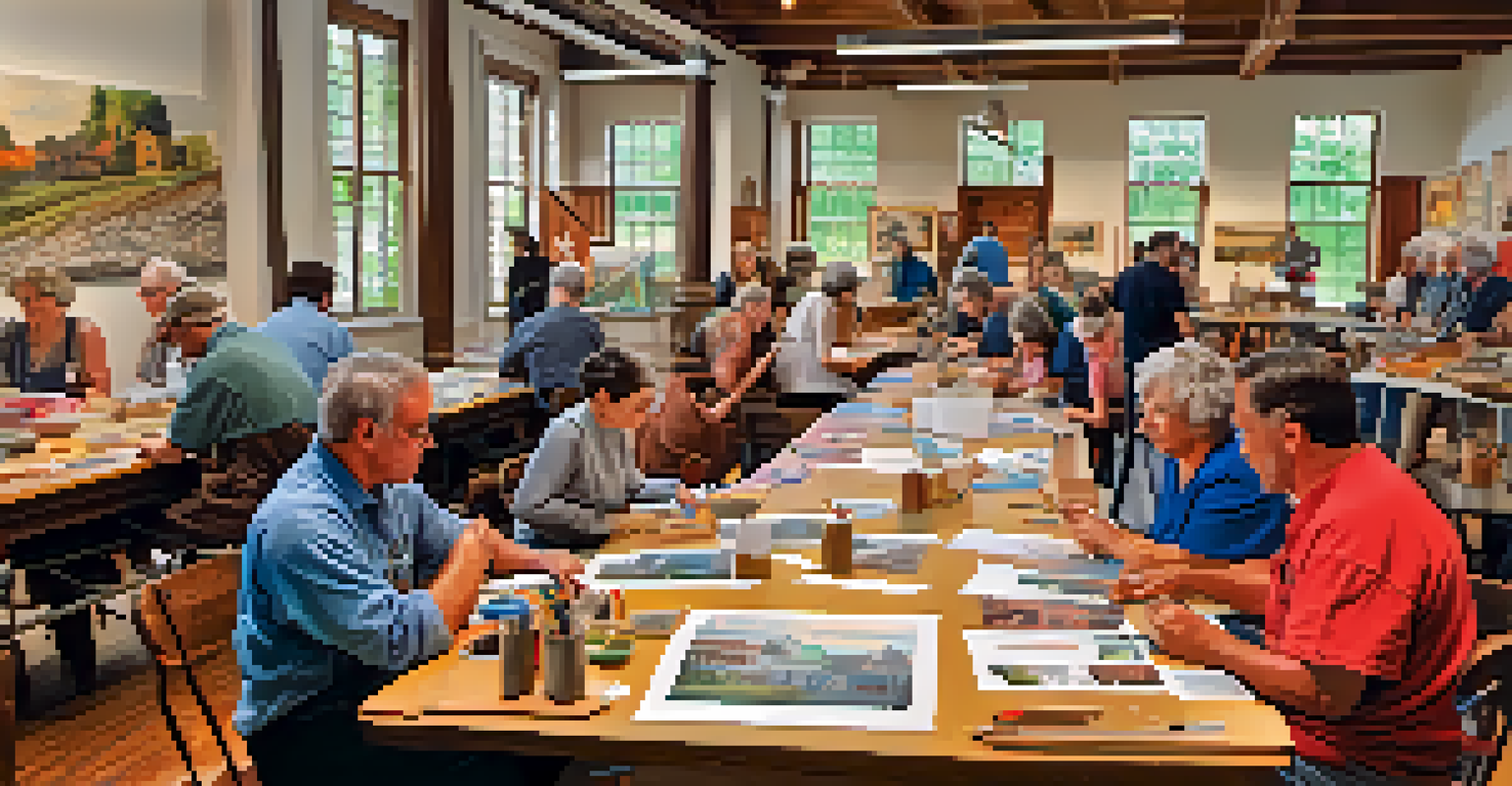 A community workshop about historic preservation, featuring participants engaged in discussions and activities with tools and posters around them.