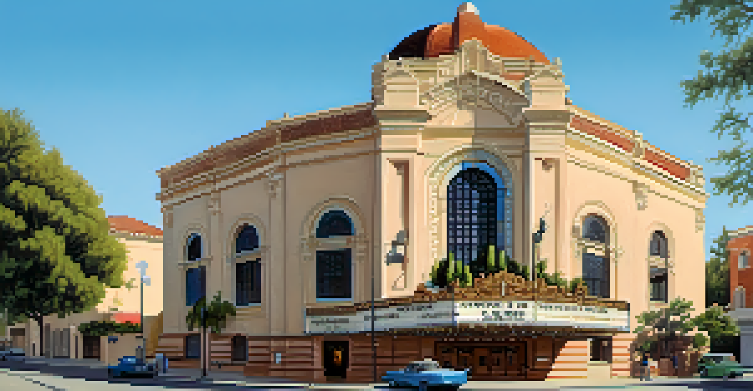 The restored facade of the Pasadena Playhouse against a clear blue sky, surrounded by greenery and people, emphasizing its cultural importance.