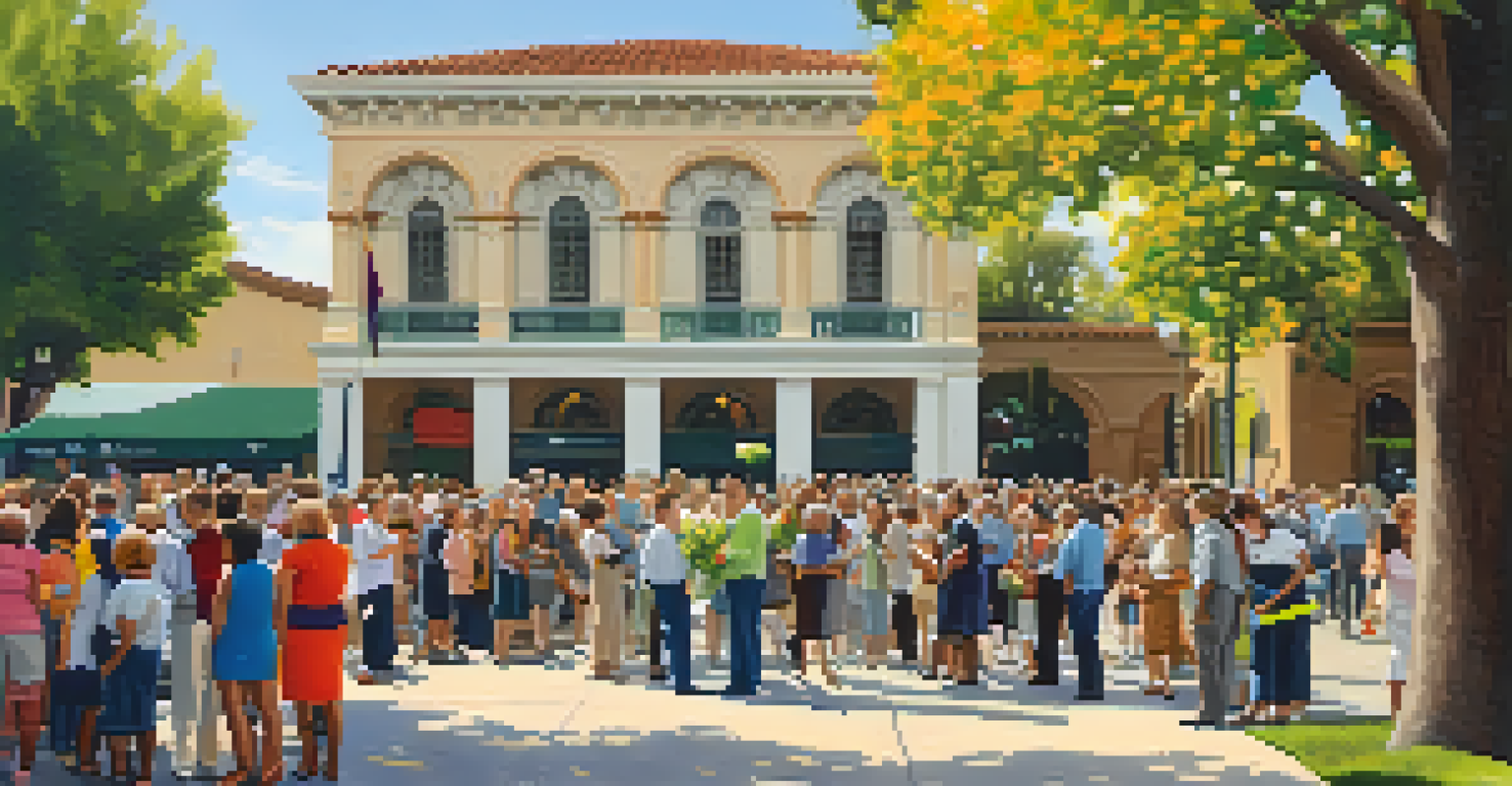 Community members gathered at a preservation event near a historic building, discussing restoration plans.