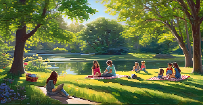 A family picnicking in a vibrant park filled with trees, wildflowers, and a small pond, with children exploring the area.