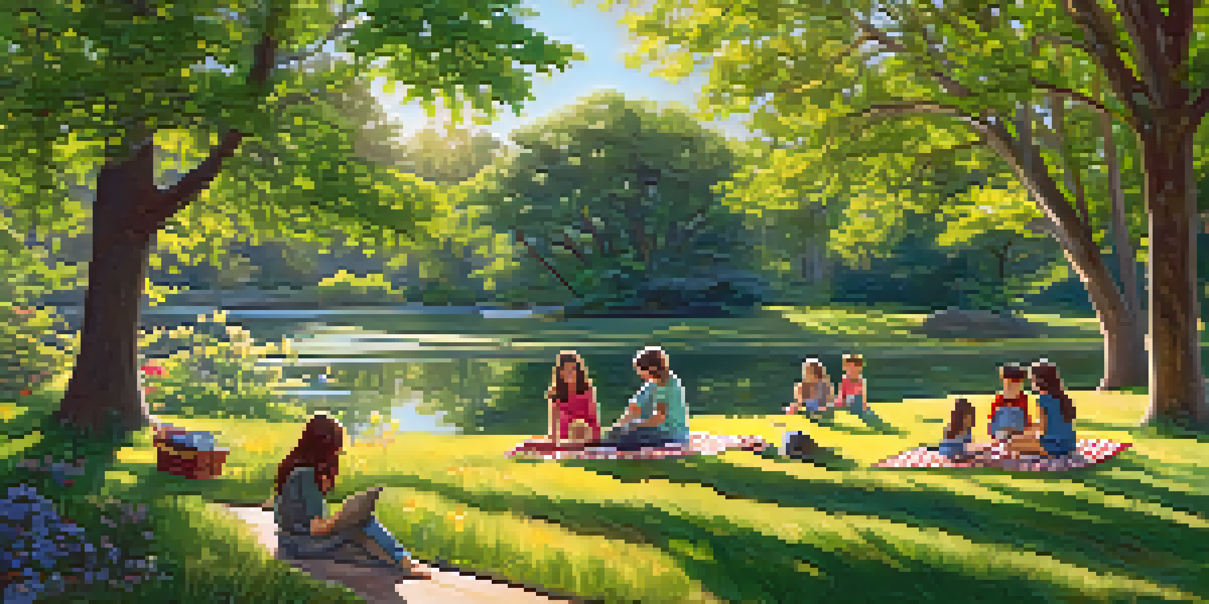 A family picnicking in a vibrant park filled with trees, wildflowers, and a small pond, with children exploring the area.