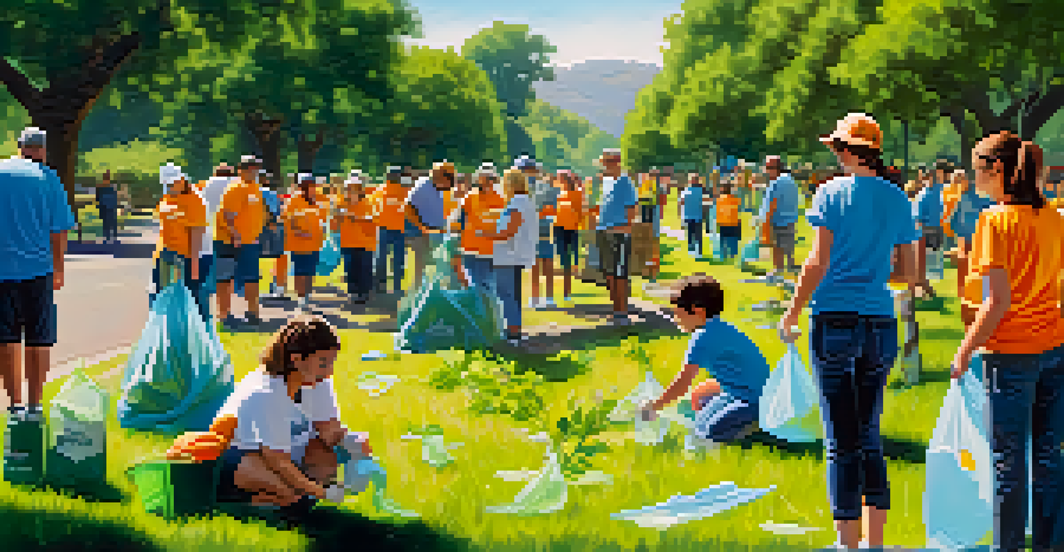 Volunteers of various ages participating in a community clean-up event in a sunny park, surrounded by trees and greenery.