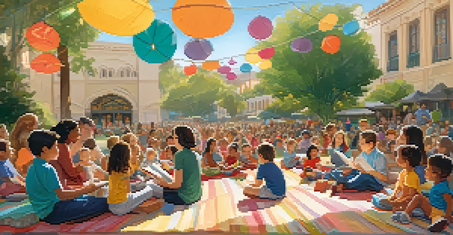 An author reading a story to children sitting on cushions, surrounded by colorful decorations, in a warm and inviting space.