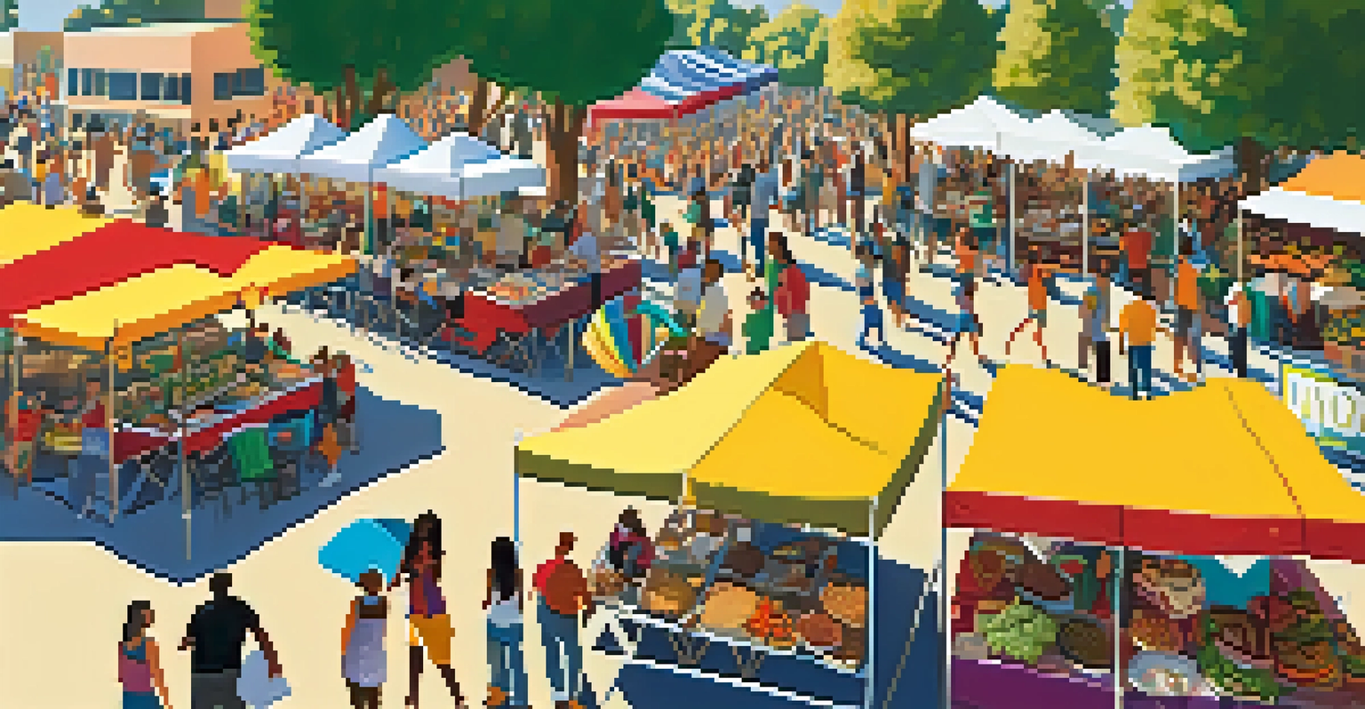 An aerial view of a bustling food area at a jazz festival, with colorful tents and people enjoying various dishes.