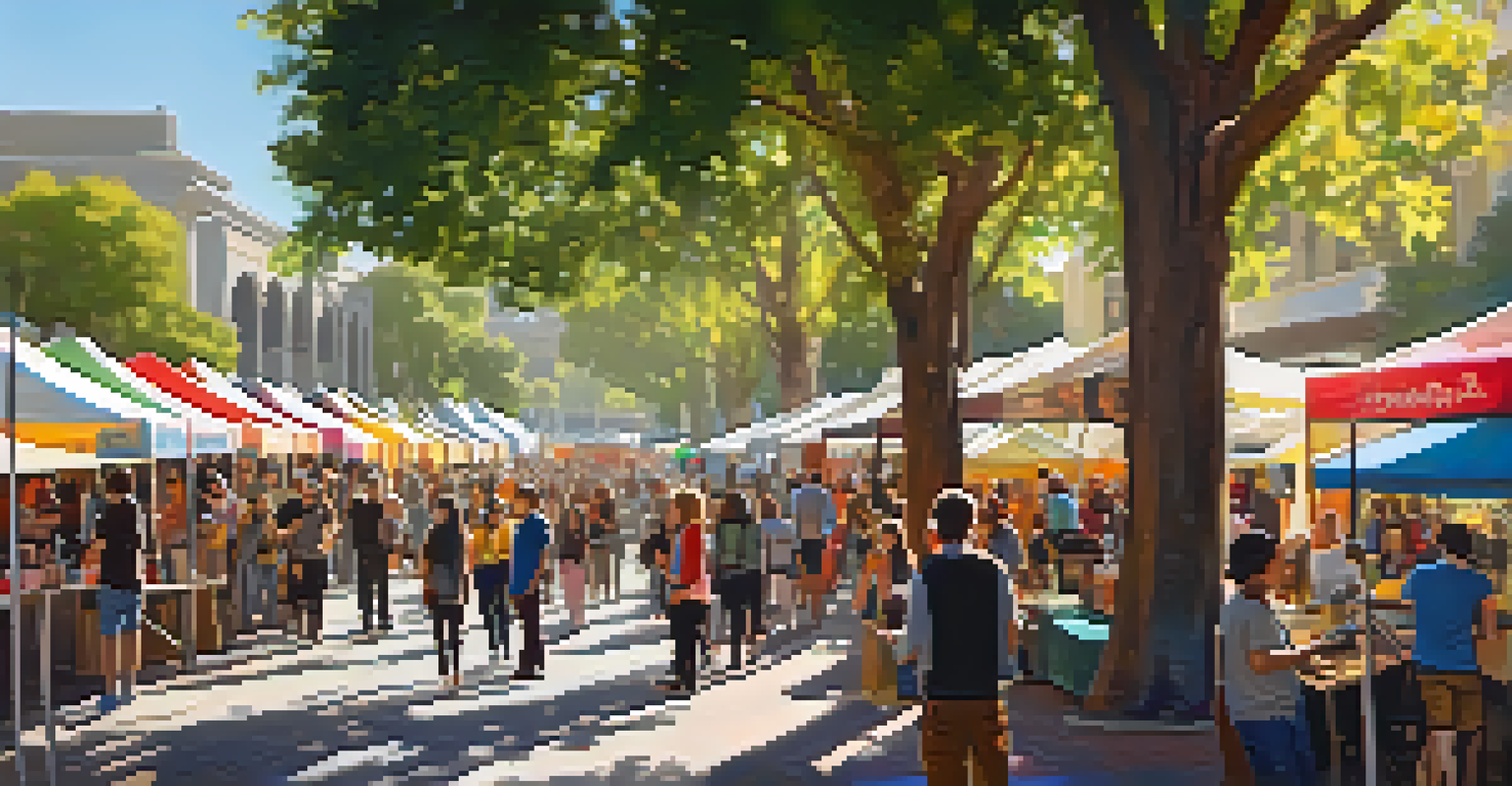 A lively digital art festival in Pasadena with booths and artists demonstrating their work, surrounded by a diverse crowd and colorful decorations under sunlight.