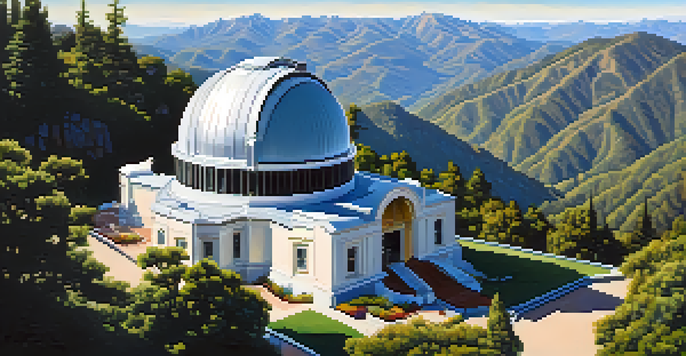 A wide view of Mount Wilson Observatory with large telescopes and surrounding mountains under a clear blue sky.