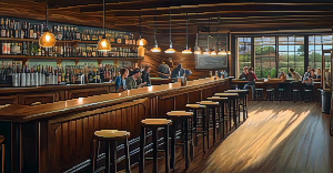 Interior of a cozy taproom in Pasadena with wooden tables, warm lighting, and customers enjoying craft beer.