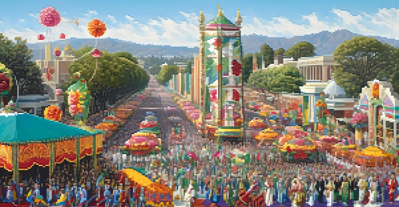 Aerial view of the Rose Parade with various floats celebrating different cultures, surrounded by participants in traditional clothing.