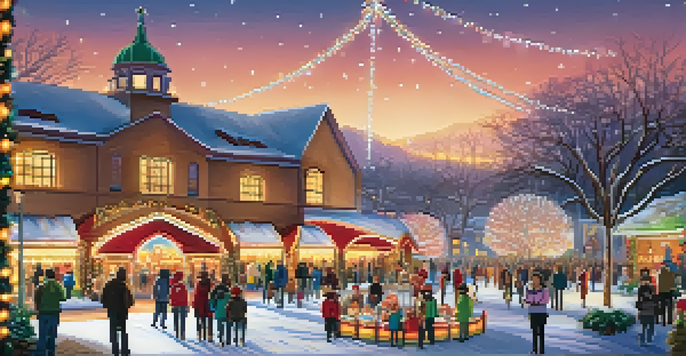 Families enjoying the Festivals of Lights in Pasadena, surrounded by colorful light displays and winter scenery.