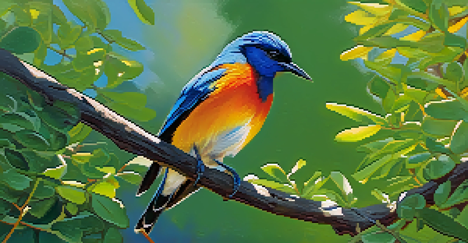 A colorful migrating bird on a branch surrounded by green leaves in Arroyo Seco Park.