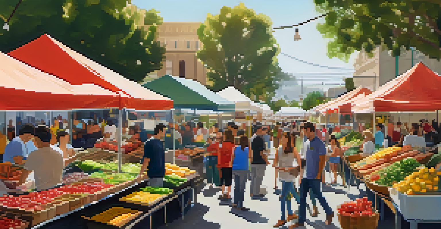 A farmers market in Pasadena with food stalls and families enjoying meals at communal tables.