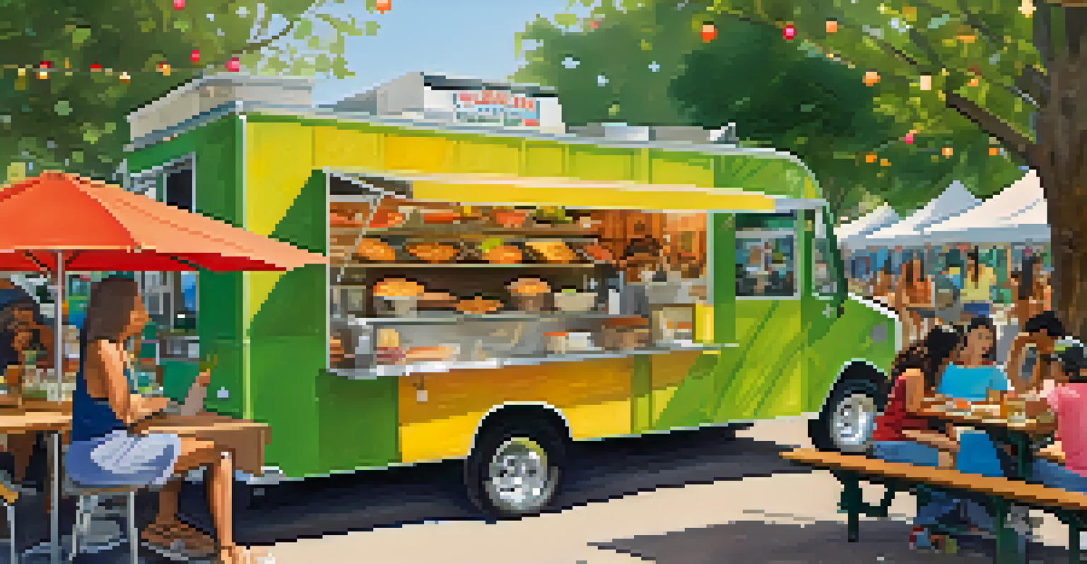 A colorful food truck at a farmer's market in Pasadena, with people enjoying gourmet dishes at nearby picnic tables surrounded by greenery.
