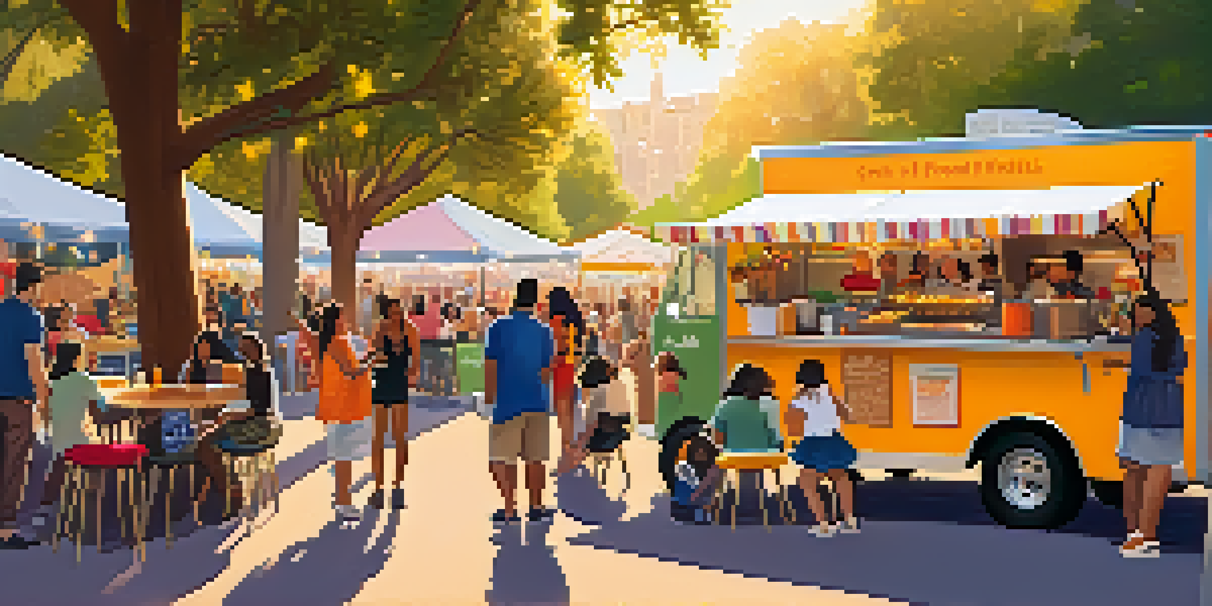A lively food truck festival in Pasadena with colorful trucks and diverse people enjoying food under string lights during sunset.