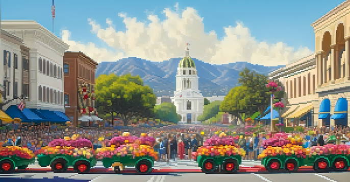 A lively scene from the Rose Parade in Pasadena, featuring colorful flower-covered floats and joyful spectators amidst historic buildings.