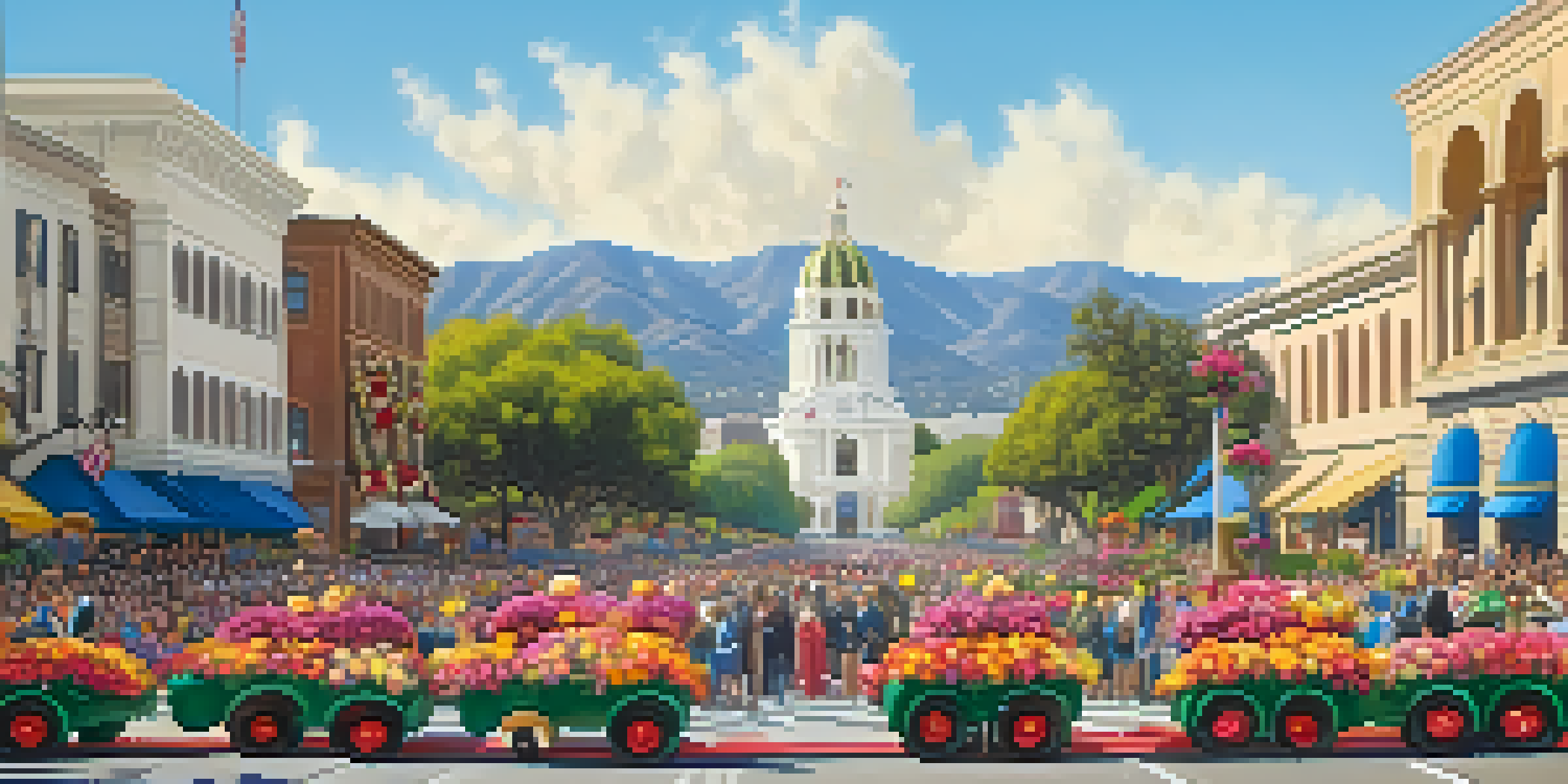 A lively scene from the Rose Parade in Pasadena, featuring colorful flower-covered floats and joyful spectators amidst historic buildings.
