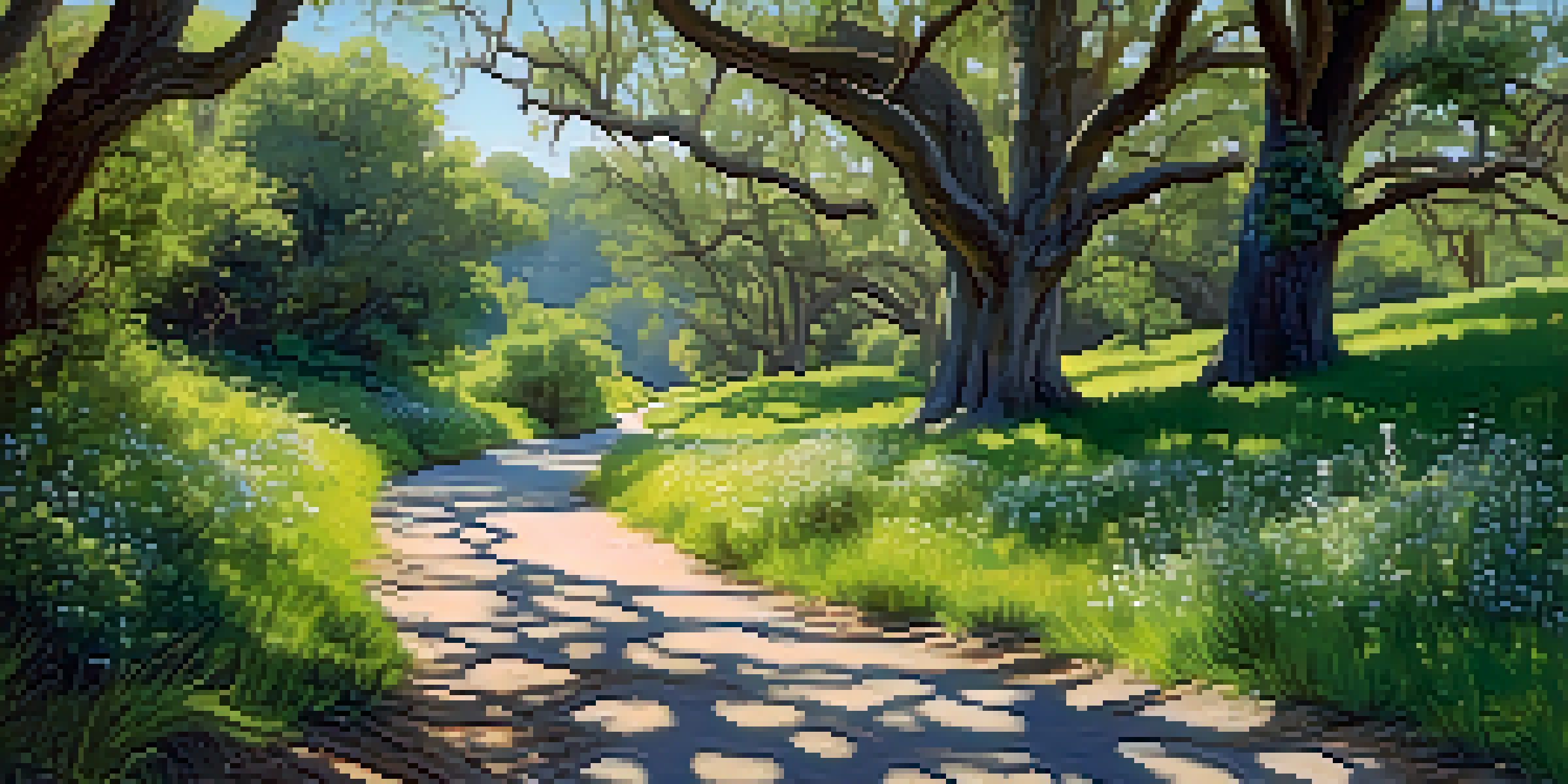 A hiking trail surrounded by vibrant greenery and wildflowers, with sunlight filtering through the trees.