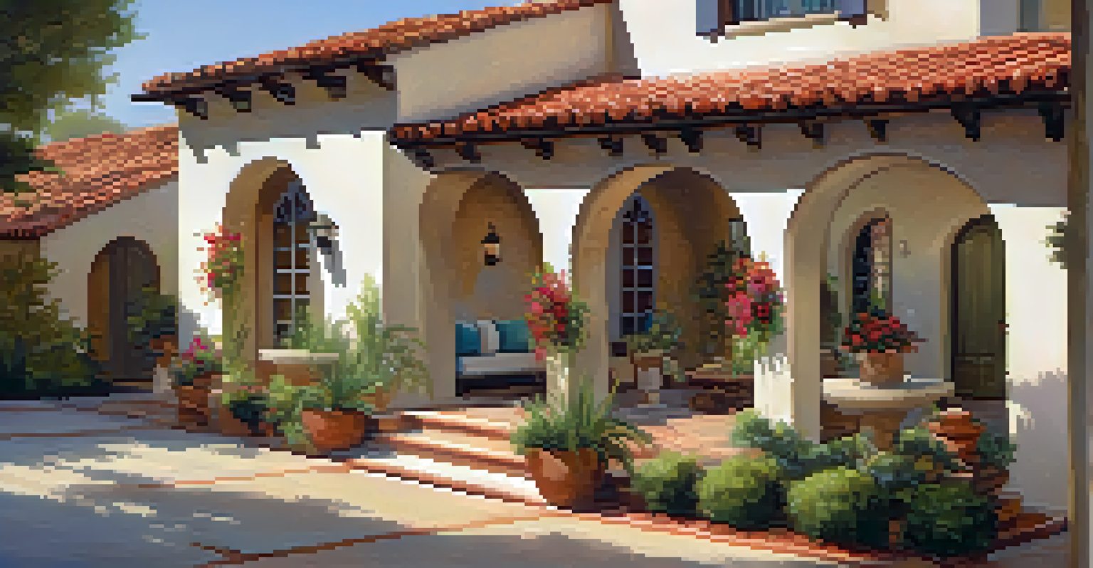A Mediterranean Revival style home courtyard with stucco exteriors, a red-tiled roof, and colorful flowers.
