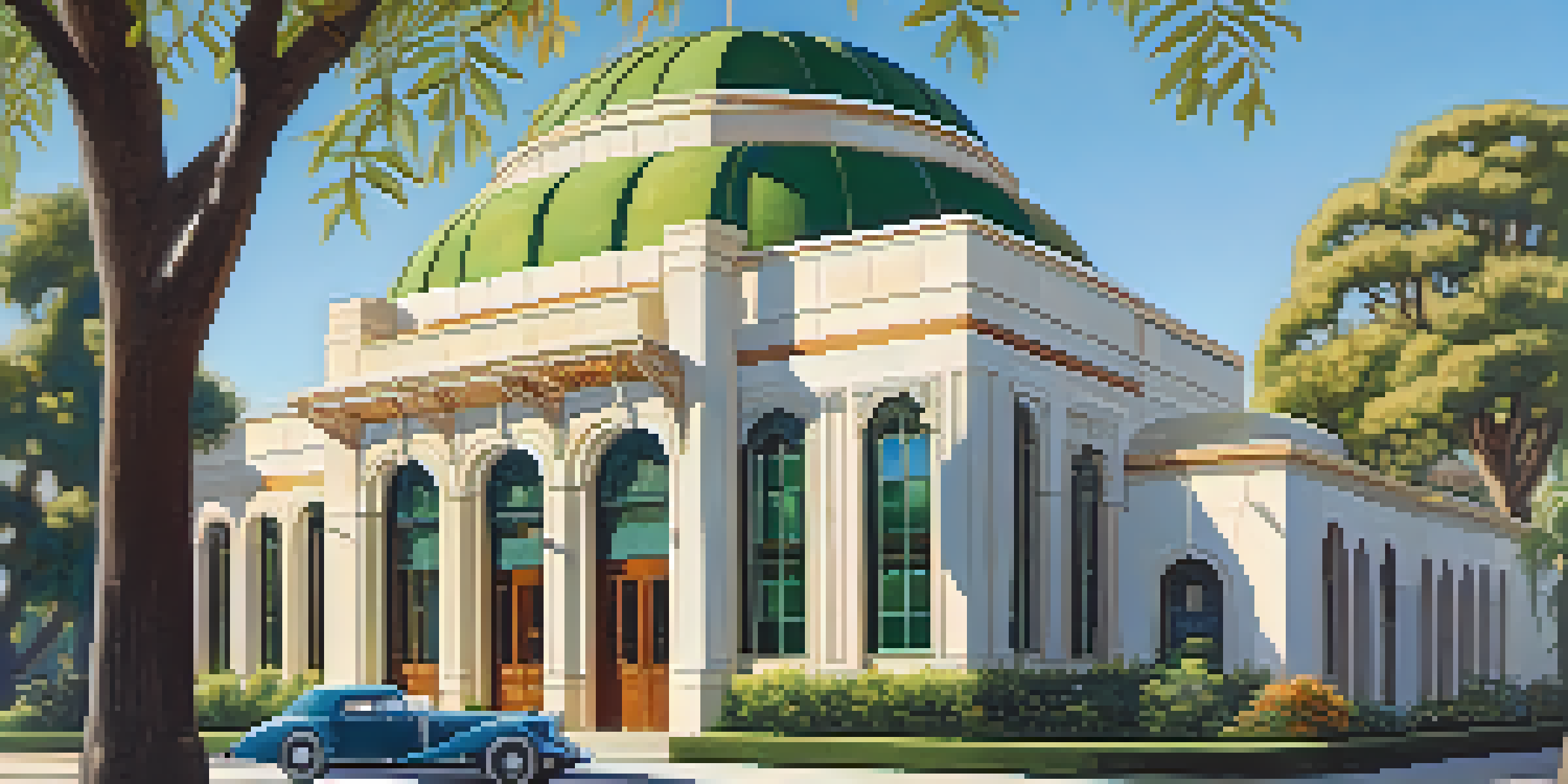 An Art Deco building in Pasadena with geometric designs and a dome, surrounded by trees and sunlight.
