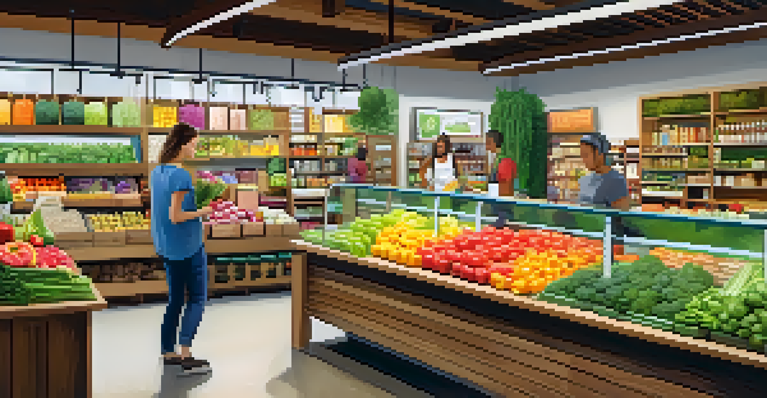 A lively natural food market showcasing fresh organic produce and a juice bar.