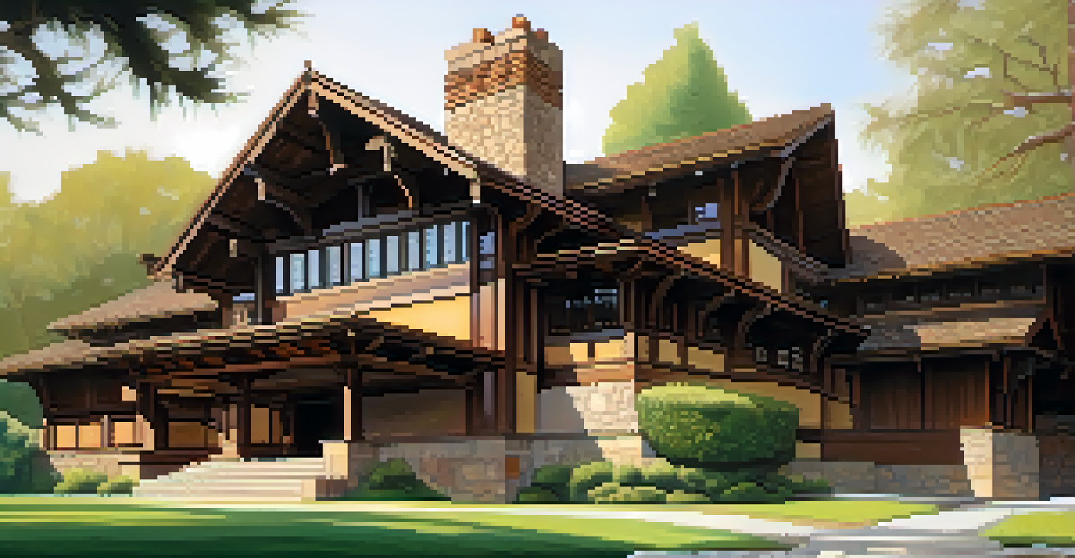 A detailed view of the Gamble House, focusing on its Arts and Crafts architecture, featuring wooden beams and stained glass, with soft light filtering through trees.