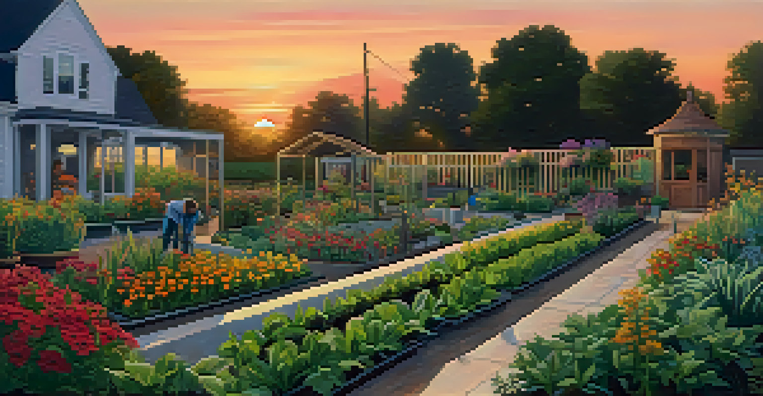 A tranquil community garden at sunset, with silhouetted plants and a colorful sky, creating a peaceful atmosphere.