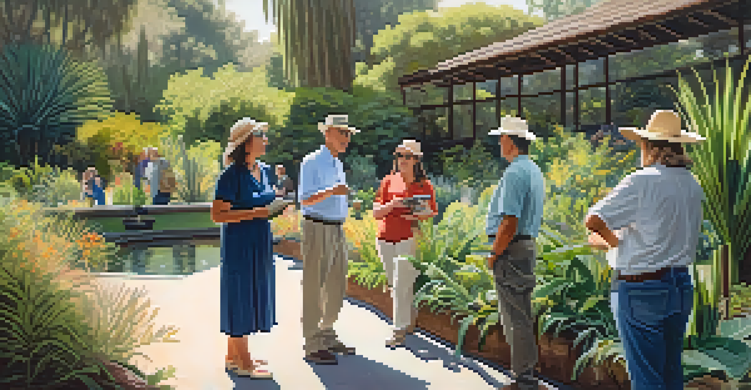 A guided tour in Pasadena's Botanical Gardens with a guide explaining native plants to a group of visitors.