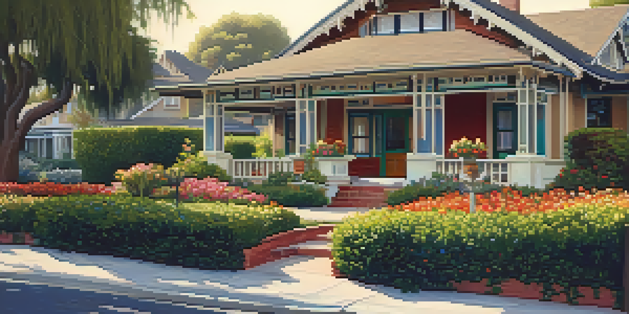 A sunny street lined with Craftsman-style homes and colorful gardens in Pasadena's Bungalow Heaven neighborhood.