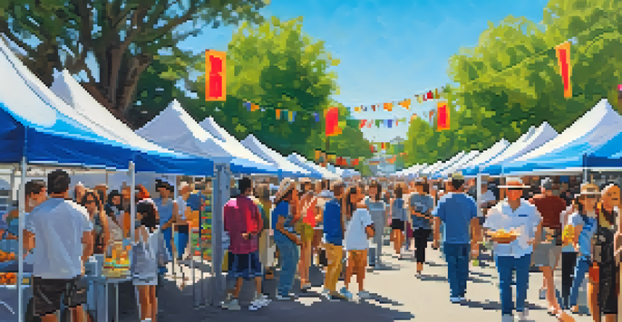 A lively outdoor arts festival featuring colorful booths, local artists, and a diverse crowd enjoying art activities under a clear blue sky.