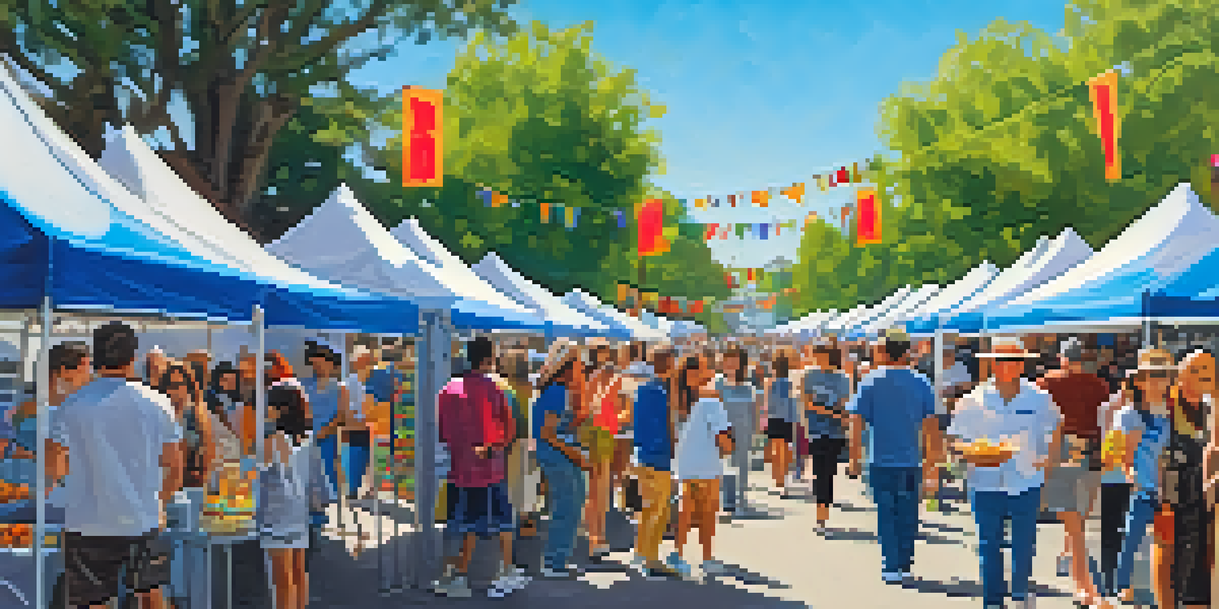 A lively outdoor arts festival featuring colorful booths, local artists, and a diverse crowd enjoying art activities under a clear blue sky.