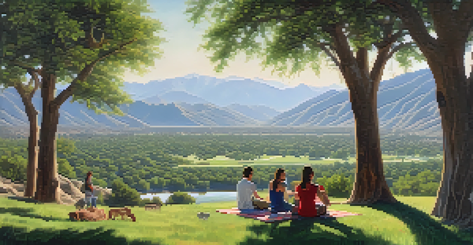 A tranquil park setting with people picnicking on grass, surrounded by natural landscapes and mountains, with wildlife in the background.